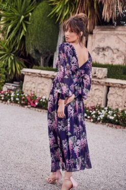 Navy Floral Chiffon Wrap Midi Dress -Dazzle Dresses 00100036950 XB
