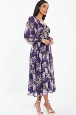 Navy Floral Chiffon Wrap Midi Dress -Dazzle Dresses 00100036950 XS