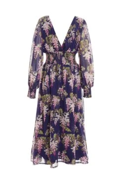 Navy Floral Chiffon Wrap Midi Dress -Dazzle Dresses 00100036950 ZB