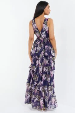 Navy Chiffon Floral Tiered Maxi Dress -Dazzle Dresses 00100036951 XB