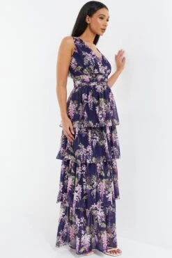 Navy Chiffon Floral Tiered Maxi Dress -Dazzle Dresses 00100036951 XS