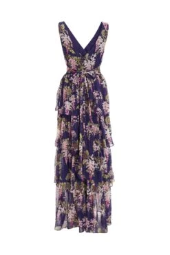 Navy Chiffon Floral Tiered Maxi Dress -Dazzle Dresses 00100036951 ZB