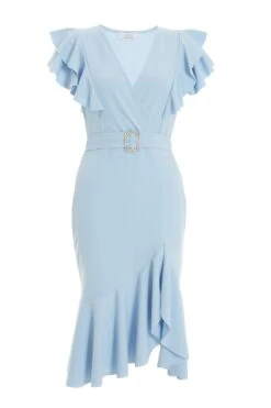 Light Blue Buckle Frill Midi Dress
