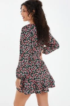 Black Ditsy Floral Wrap Mini Dress -Dazzle Dresses 00100036991 XB