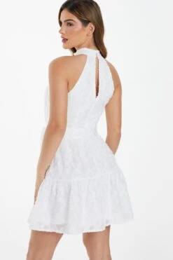 White Jacquard Halter Neck Mini Dress -Dazzle Dresses 00100037028 XB