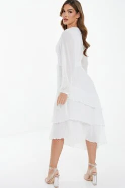 White Chiffon Crinkle Wrap Midi Dress -Dazzle Dresses 00100037029 XB