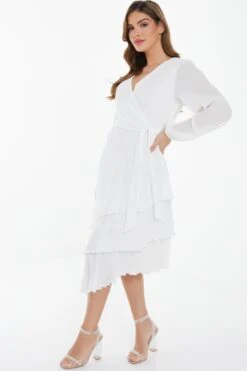 White Chiffon Crinkle Wrap Midi Dress -Dazzle Dresses 00100037029 XS