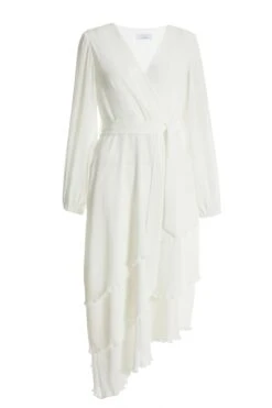 White Chiffon Crinkle Wrap Midi Dress