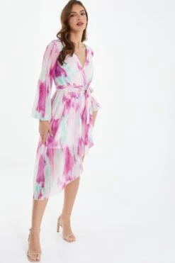 Pink Chiffon Marble Print Midi Dress -Dazzle Dresses 00100037030 XS