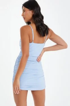 Blue Tie Front Ruched Bodycon Mini Dress -Dazzle Dresses 00100037044 XB