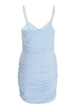 Blue Tie Front Ruched Bodycon Mini Dress -Dazzle Dresses 00100037044 ZB