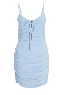 Blue Tie Front Ruched Bodycon Mini Dress