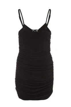 Black Tie Front Ruched Bodycon Mini Dress -Dazzle Dresses 00100037045 ZB