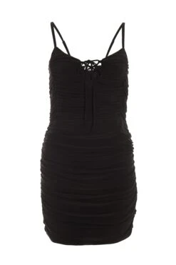 Black Tie Front Ruched Bodycon Mini Dress
