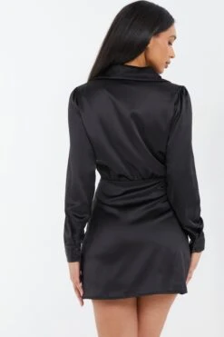 Black Satin Button Mini Shirt Dress -Dazzle Dresses 00100037097 XB