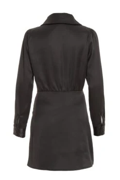 Black Satin Button Mini Shirt Dress -Dazzle Dresses 00100037097 ZB