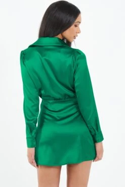 Green Satin Button Mini Shirt Dress -Dazzle Dresses 00100037100 XB