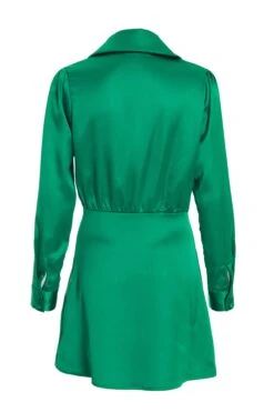 Green Satin Button Mini Shirt Dress -Dazzle Dresses 00100037100 ZB