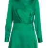 Green Satin Button Mini Shirt Dress