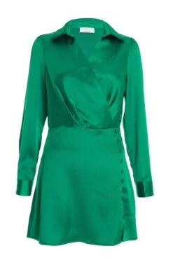 Green Satin Button Mini Shirt Dress
