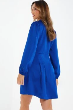 Royal Blue Satin Button Shirt Mini Dress -Dazzle Dresses 00100037135 XB