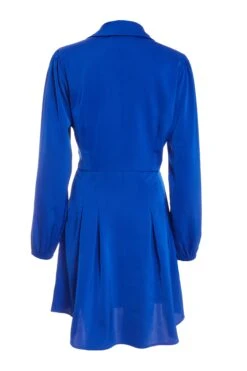 Royal Blue Satin Button Shirt Mini Dress -Dazzle Dresses 00100037135 ZB