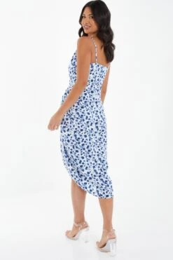 Blue Satin Animal Print Ruched Midi Dress -Dazzle Dresses 00100037160 XB