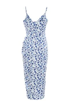 Blue Satin Animal Print Ruched Midi Dress -Dazzle Dresses 00100037160 ZB