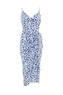 Blue Satin Animal Print Ruched Midi Dress