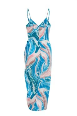 Blue Satin Marble Print Ruched Midi Dress -Dazzle Dresses 00100037174 ZB