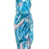 Blue Satin Marble Print Ruched Midi Dress