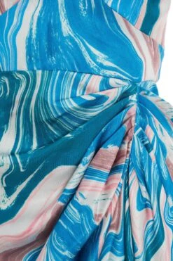 Blue Satin Marble Print Ruched Midi Dress -Dazzle Dresses 00100037174 ZS