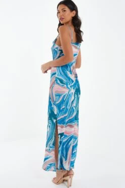 Blue Satin Marble Print Midaxi Dress -Dazzle Dresses 00100037175 XB