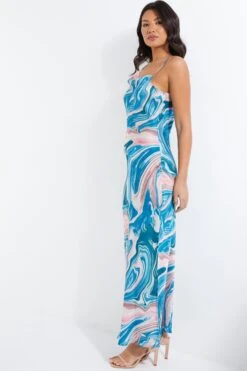 Blue Satin Marble Print Midaxi Dress -Dazzle Dresses 00100037175 XS