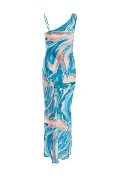 Blue Satin Marble Print Midaxi Dress -Dazzle Dresses 00100037175 ZB