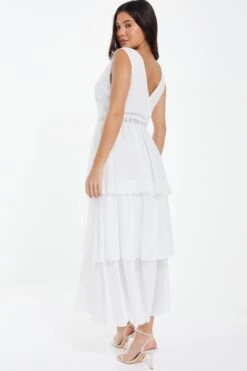 White Chiffon Lace Tiered Midi Dress -Dazzle Dresses 00100037177 XB
