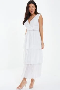White Chiffon Lace Tiered Midi Dress -Dazzle Dresses 00100037177 XS