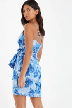 Blue Satin Marble Print Wrap Mini Dress -Dazzle Dresses 00100037206 XB
