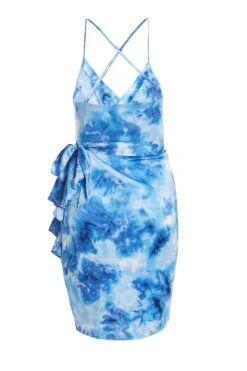 Blue Satin Marble Print Wrap Mini Dress -Dazzle Dresses 00100037206 ZB