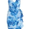 Blue Satin Marble Print Wrap Mini Dress