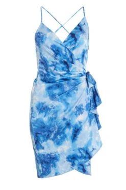 Blue Satin Marble Print Wrap Mini Dress