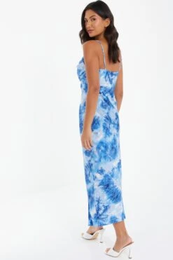 Blue Satin Marble Print Ruched Split Midi Dress -Dazzle Dresses 00100037207 XB