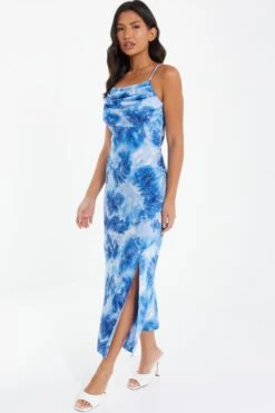 Blue Satin Marble Print Ruched Split Midi Dress -Dazzle Dresses 00100037207 XS