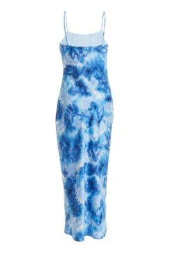 Blue Satin Marble Print Ruched Split Midi Dress -Dazzle Dresses 00100037207 ZB