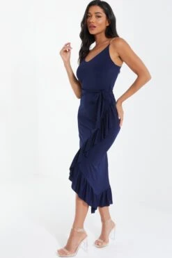 Navy Slinky Chain Wrap Midi Dress -Dazzle Dresses 00100037217 XS