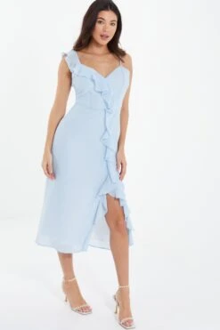 Light Blue Textured Frill Midi Dress -Dazzle Dresses 00100037308 XS