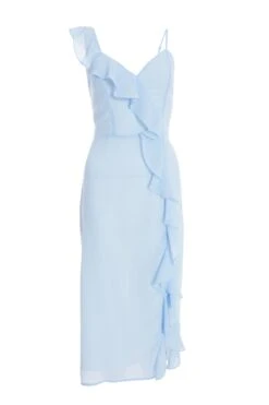 Light Blue Textured Frill Midi Dress