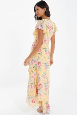 Yellow Chiffon Floral Frill Maxi Dress -Dazzle Dresses 00100037310 XB