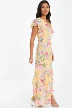 Yellow Chiffon Floral Frill Maxi Dress -Dazzle Dresses 00100037310 XS
