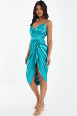 Aqua Wrap Ruched Midi Dress -Dazzle Dresses 00100037312 XS